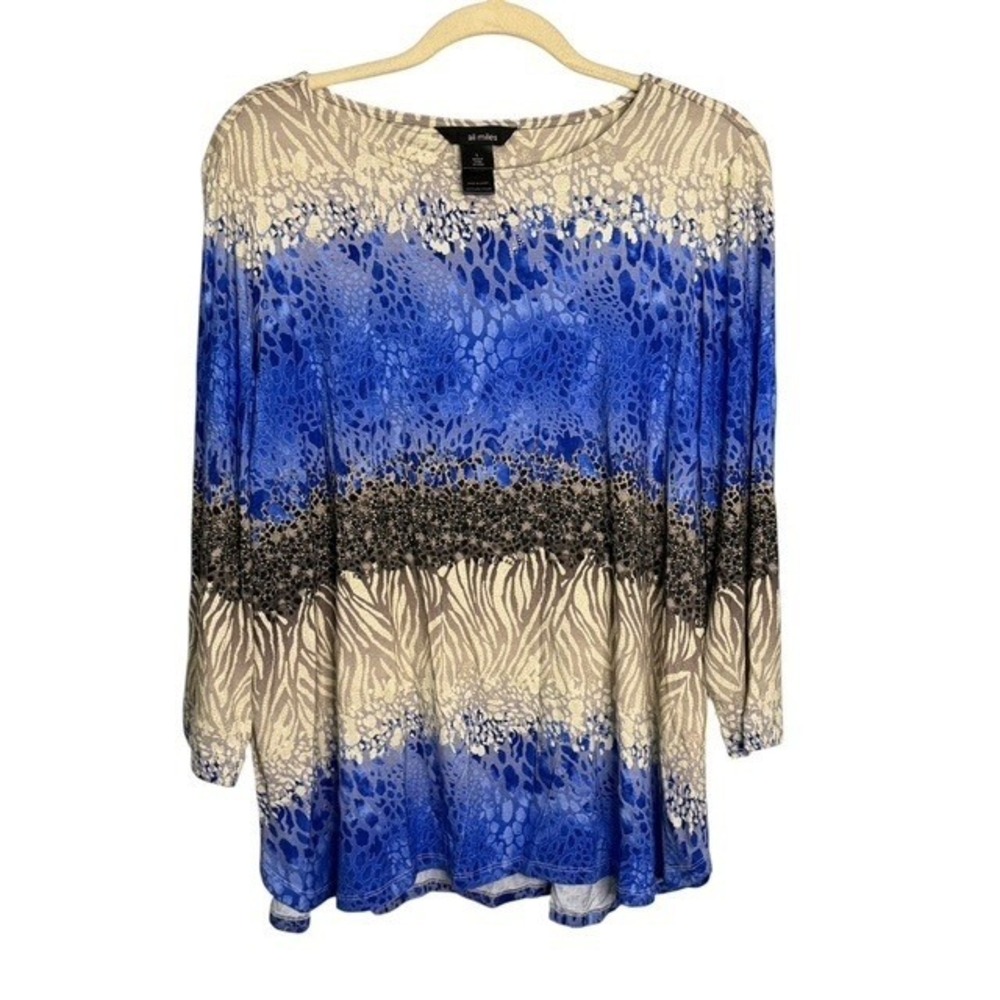 Ali Miles Blouse Women's Large Animal Print Abstract Scoop Neck Long Sleeve Blue